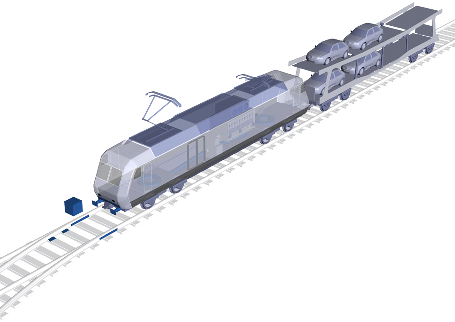 Exploded drawing showing a train and rails
