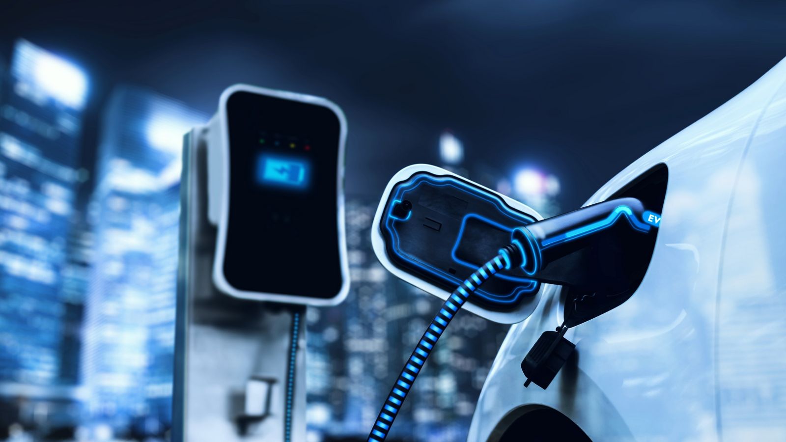 2347423033 Electric,Car,Plugged,In,With,Charging,Station,To,Recharge,Battery