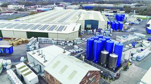 Aerial view of the FUCHS UK factory, on which numerous solar panels can be seen.